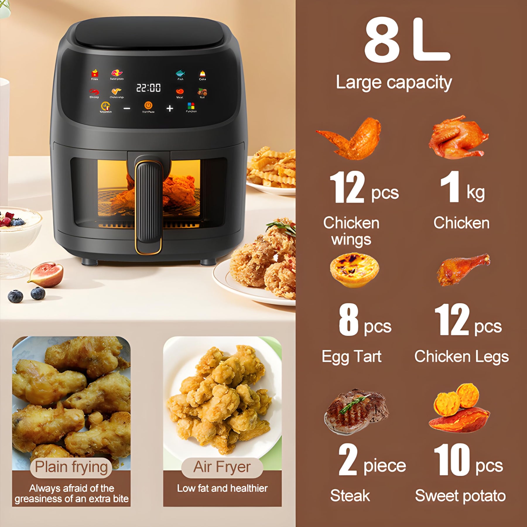 Air Fryer 8 Liter - Digital Oil-Less Air Fryer – 8 Cooking Presets – LED Digital Touch Screen with Large Window View – 2400W 360° Heating - Nonstick Easy to Clean