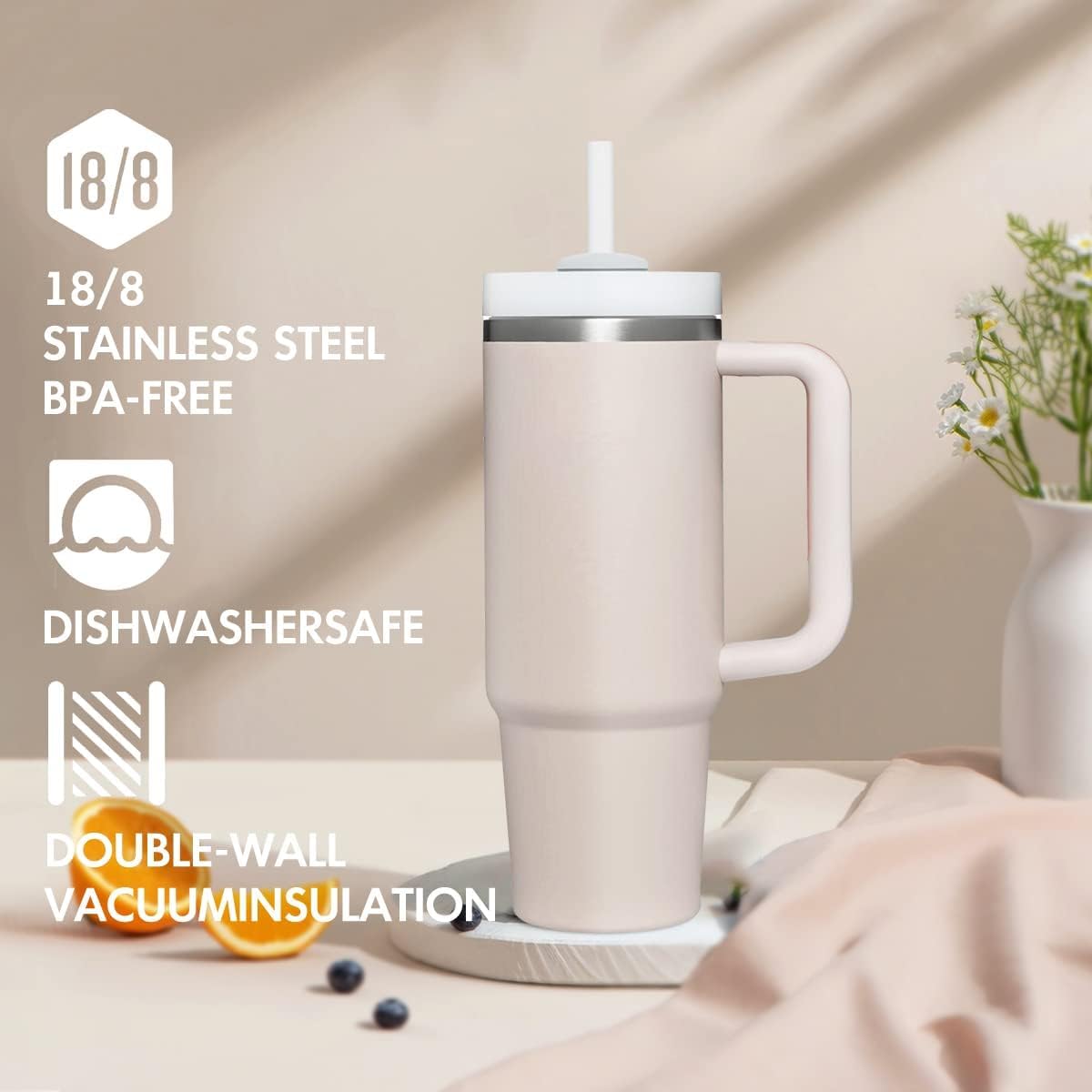 Stainless Steel Vacuum Cup Insulated Tumbler with Lid and Straw for Water, Iced Tea or Coffee, Smoothie and More