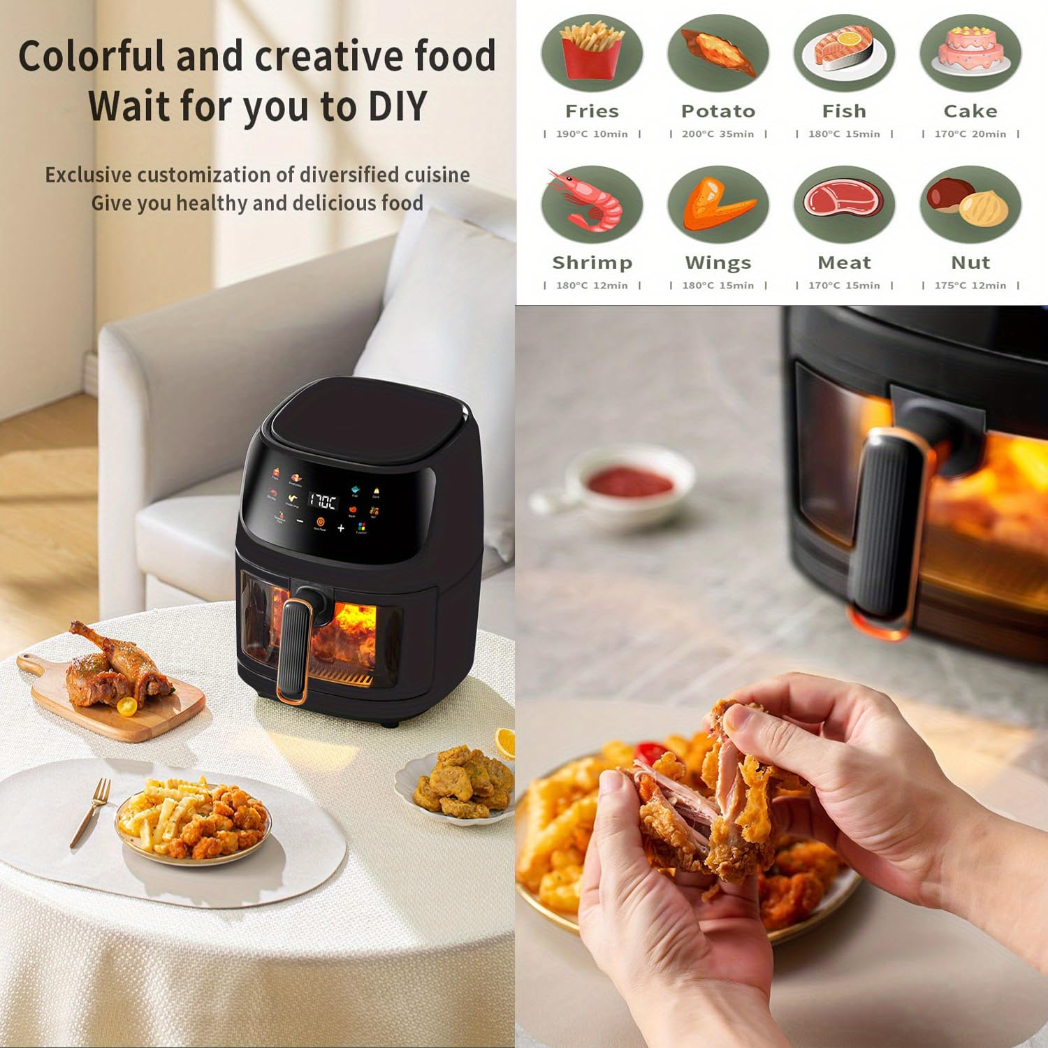 Air Fryer 8 Liter - Digital Oil-Less Air Fryer – 8 Cooking Presets – LED Digital Touch Screen with Large Window View – 2400W 360° Heating - Nonstick Easy to Clean