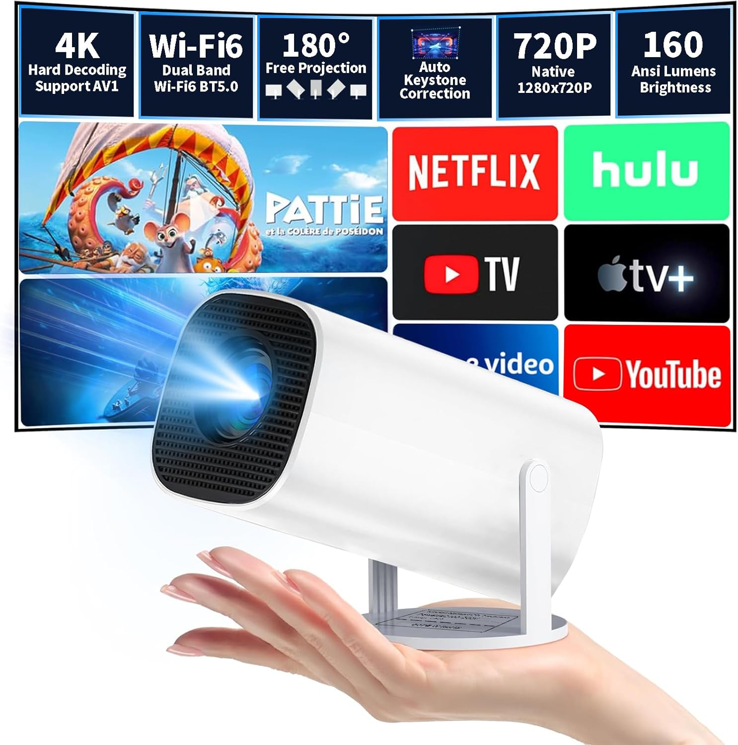 Mini Projector 4K Support, Portable Projector WiFi6 BT 5.0 Android 11, Smart Projector Auto Horizontal Correction