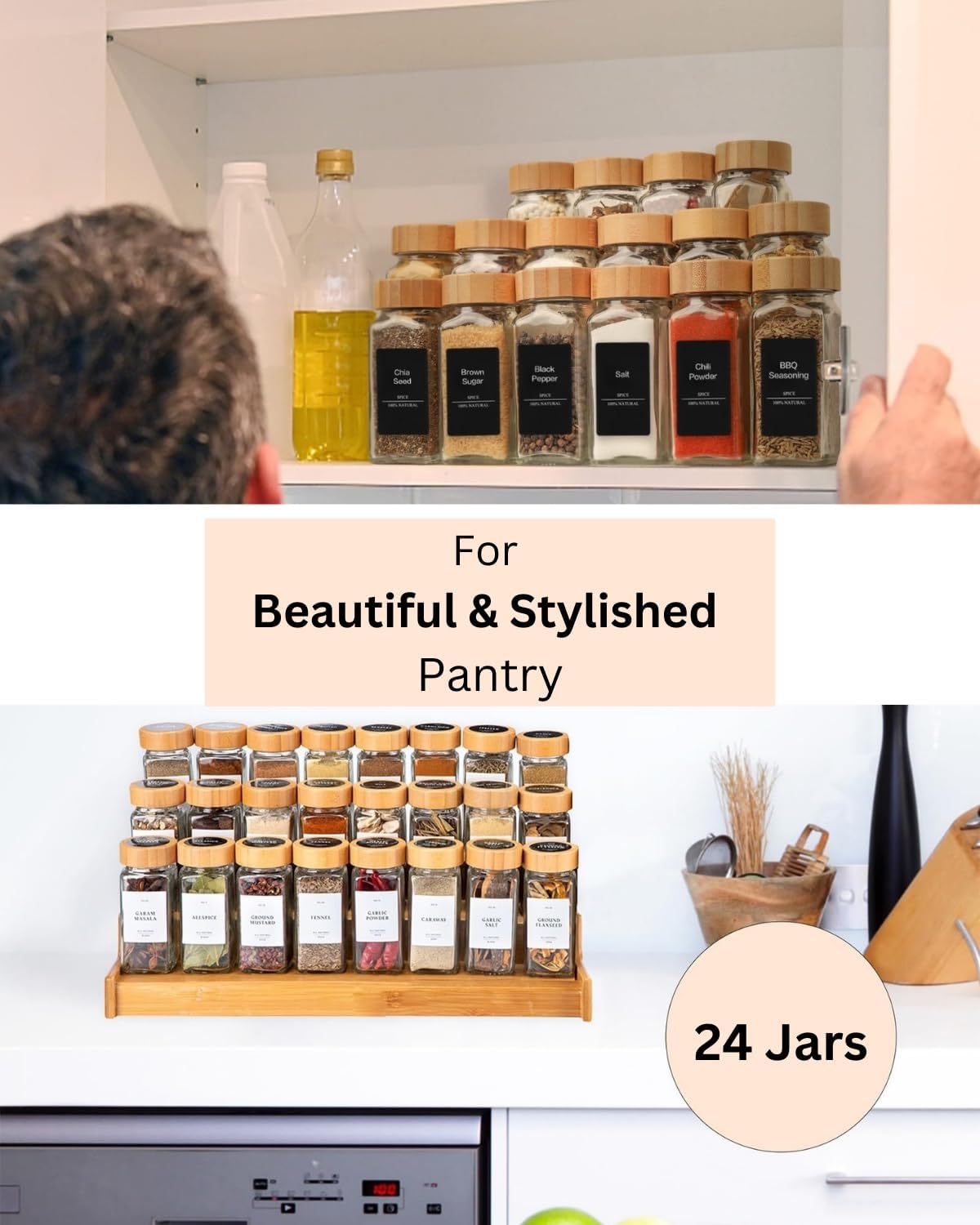 Set of 24 Glass Spice Jars/Bottles Woods