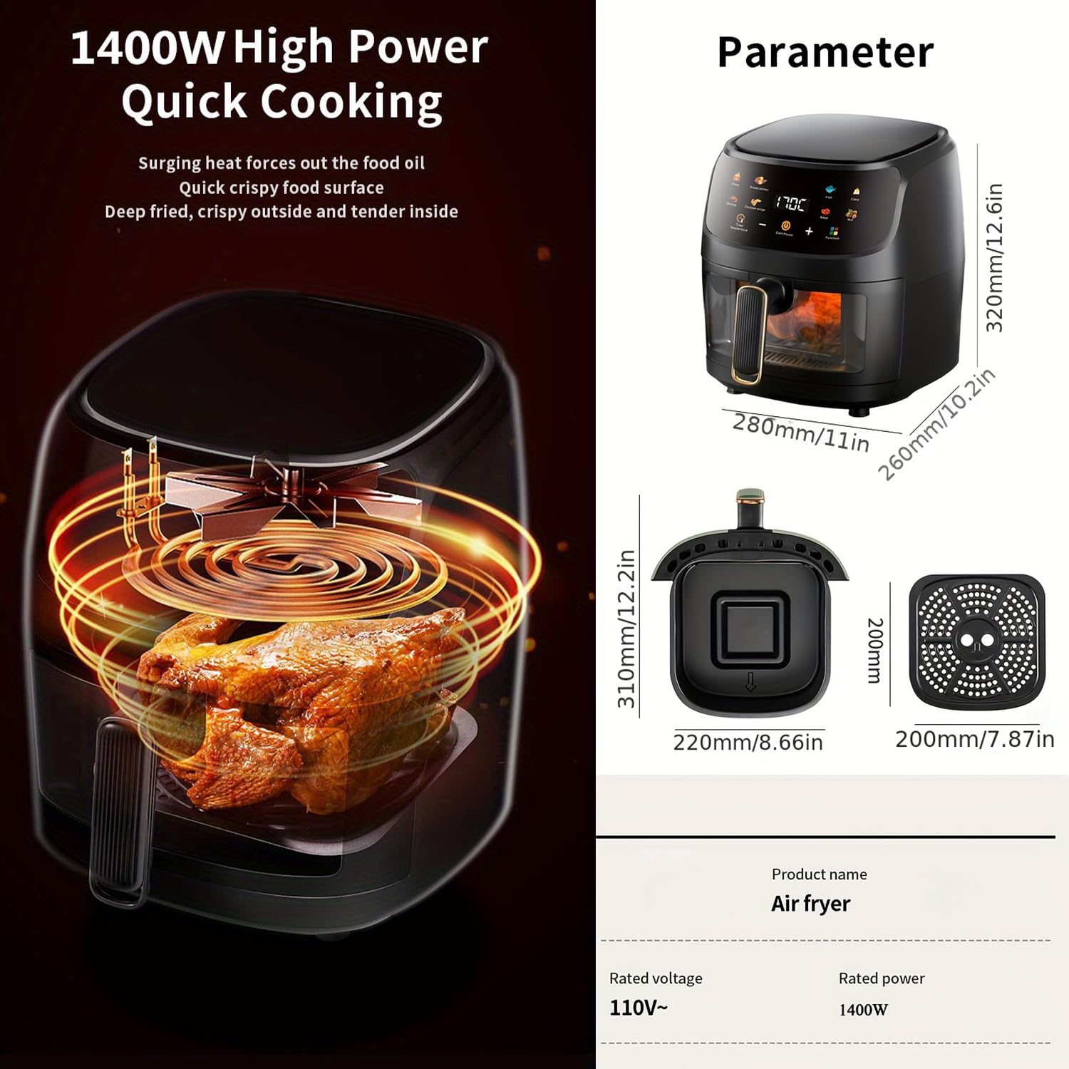 Air Fryer 8 Liter - Digital Oil-Less Air Fryer – 8 Cooking Presets – LED Digital Touch Screen with Large Window View – 2400W 360° Heating - Nonstick Easy to Clean