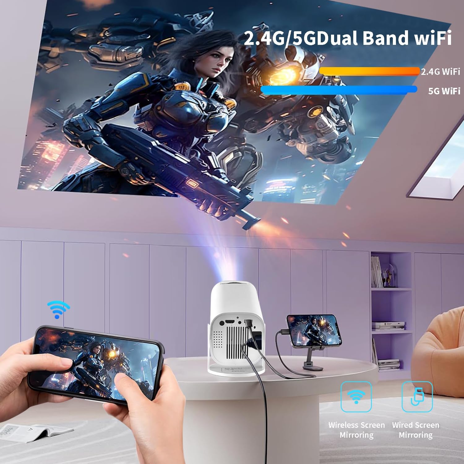 Mini Projector 4K Support, Portable Projector WiFi6 BT 5.0 Android 11, Smart Projector Auto Horizontal Correction