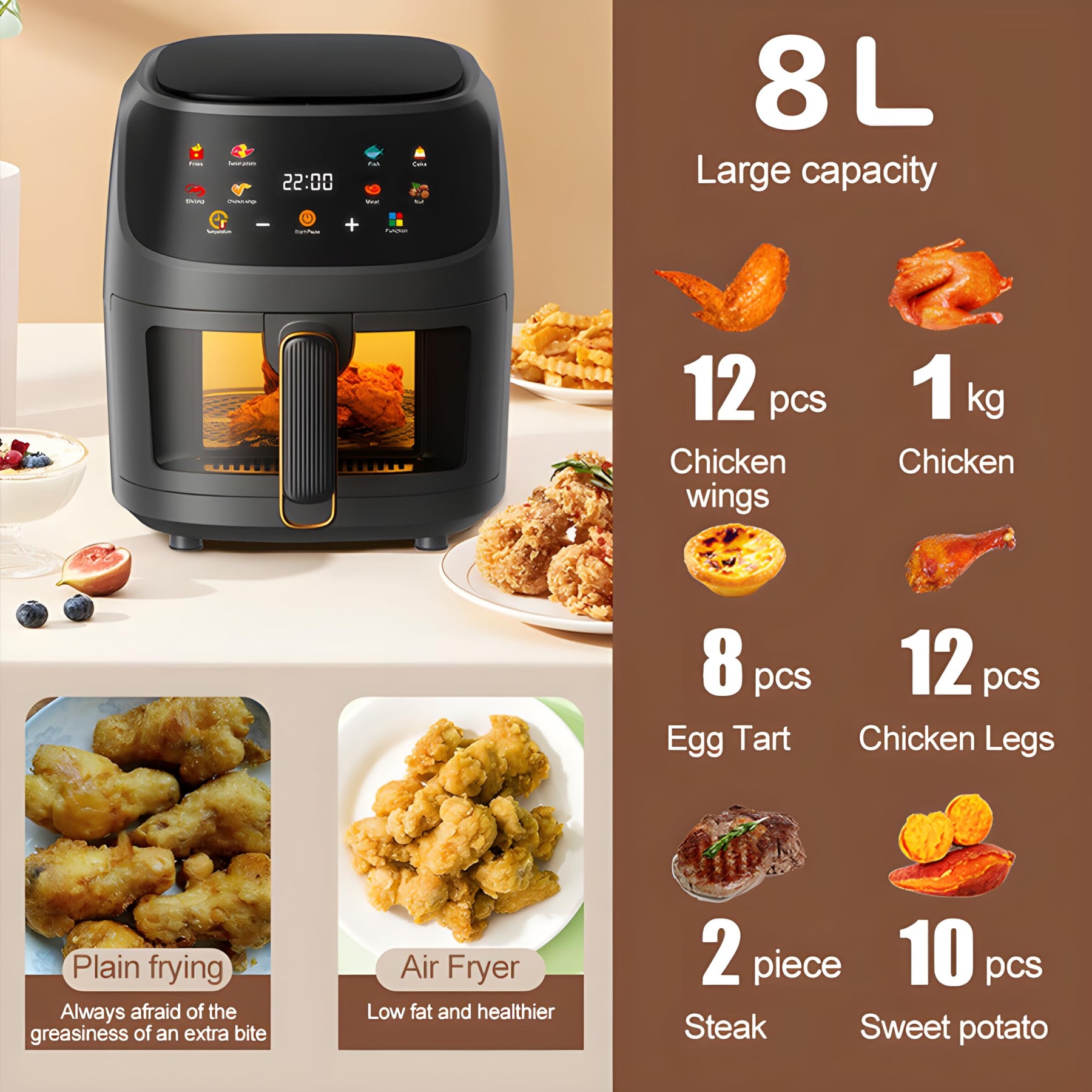 Air Fryer 8 Liter - Digital Oil-Less Air Fryer – 8 Cooking Presets – LED Digital Touch Screen with Large Window View – 2400W 360° Heating - Nonstick Easy to Clean