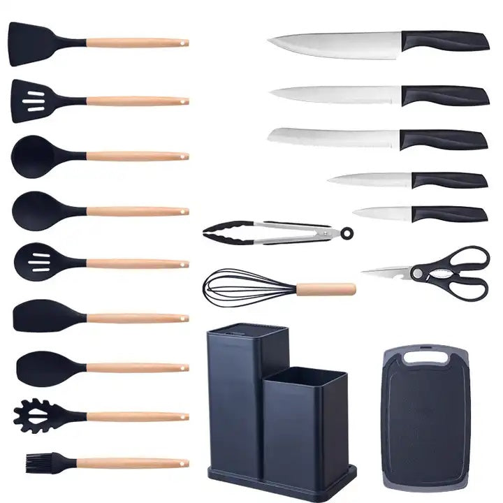 19-Pcs Kitchen Cooking Utensils & Knife Set with Block Holder & Cutting Board